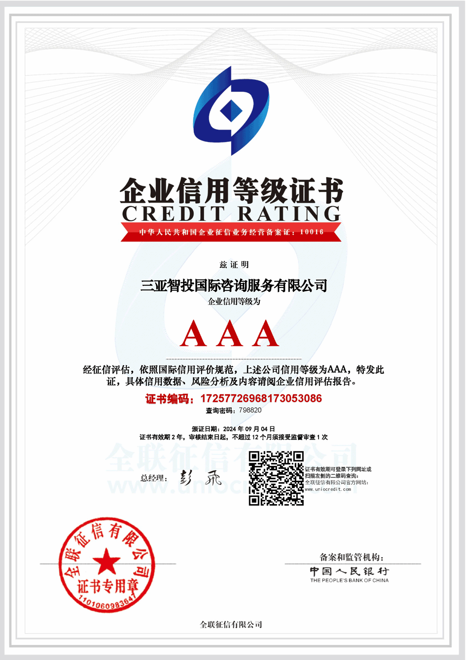 （智投咨询公司）3A企业信用等级证书